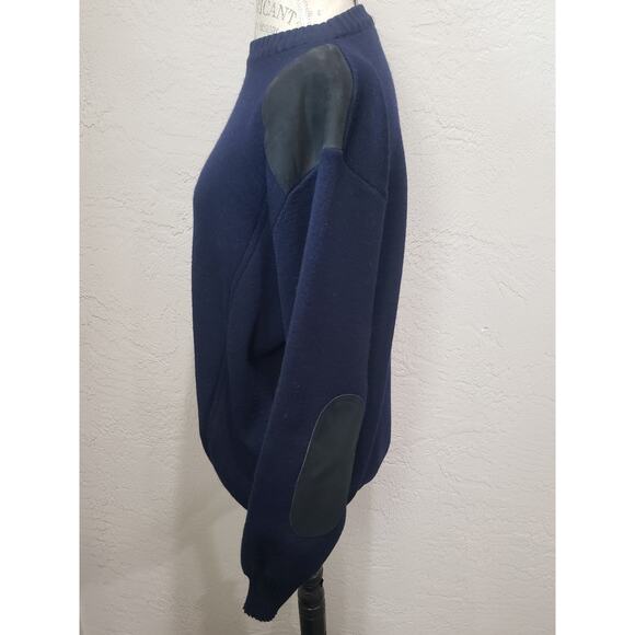 Vintage Barbour Pure Wool & Suede Leather Navy Blue Jumper Sweater | Size 56-46 - Picture 2 of 8